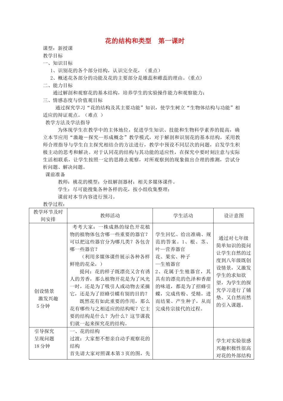 八年级生物上册 4.1.1《花的结构和类型》（第1课时）教案 （新版）济南版-（新版）济南版初中八年级上册生物教案_第1页