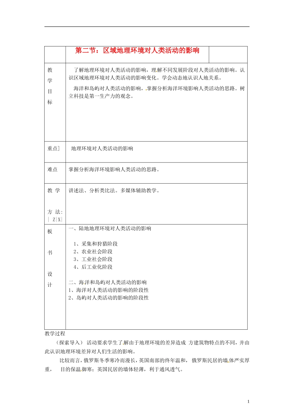 高中地理  1.2《区域地理环境对人类活动的影响》教案（2） 中图版必修3_第1页