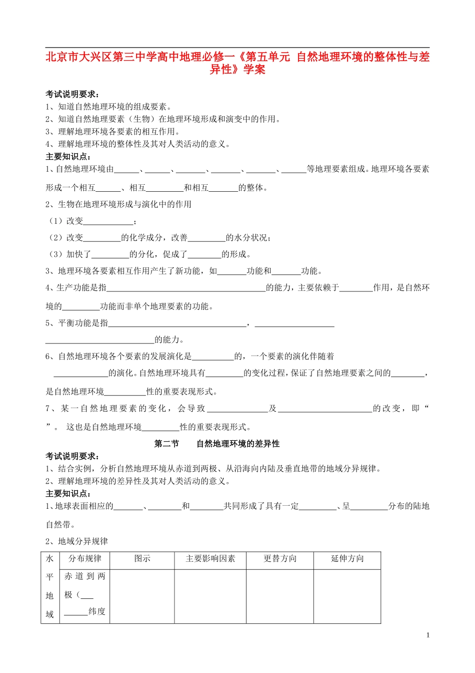 北京市大兴区第三中学高中地理《第五单元 自然地理环境的整体性与差异性》学案 新人教版必修1_第1页