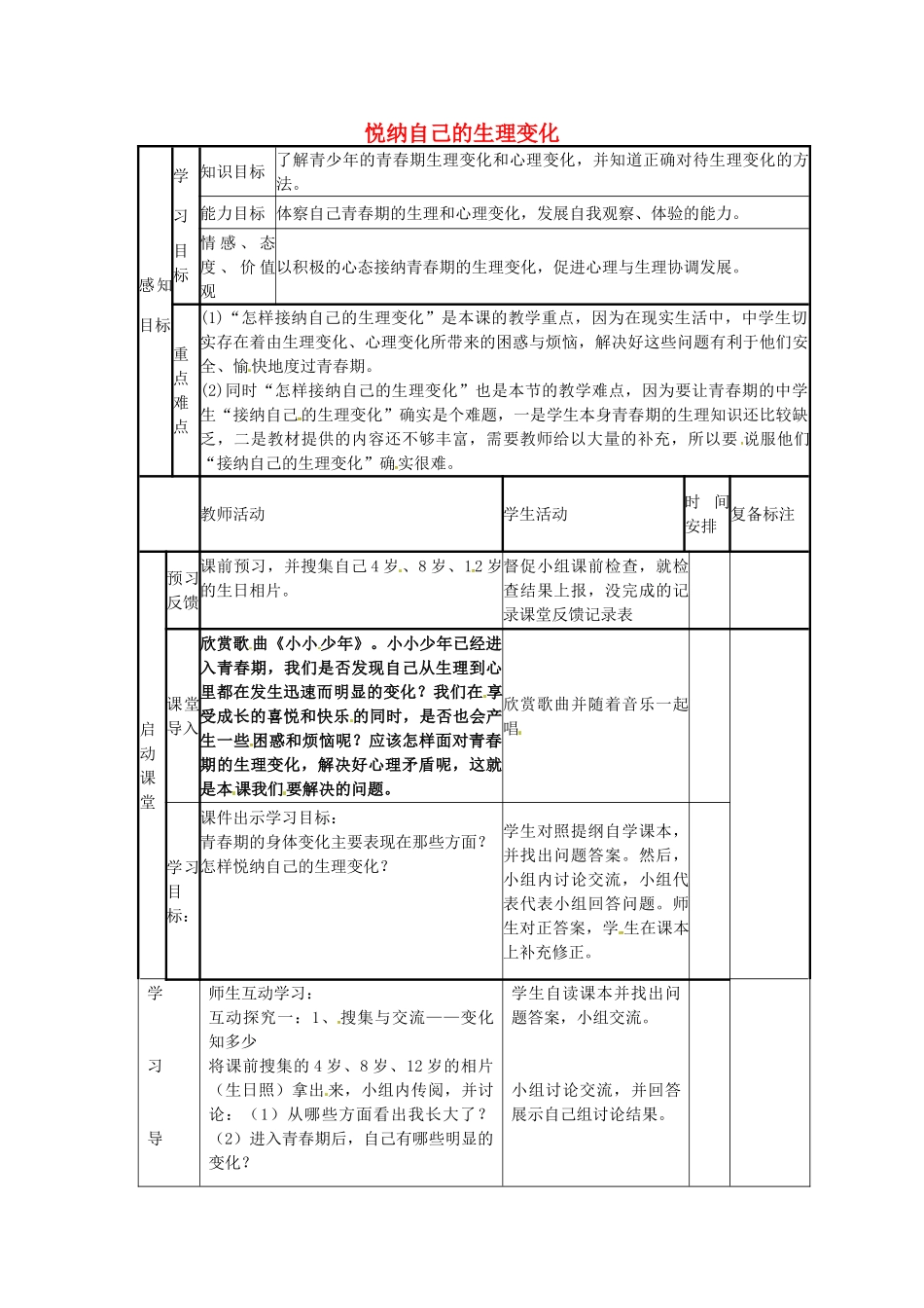 七年级政治下册 11.1 悦纳自己的生理变化教案 鲁教版-鲁教版初中七年级下册政治教案_第1页