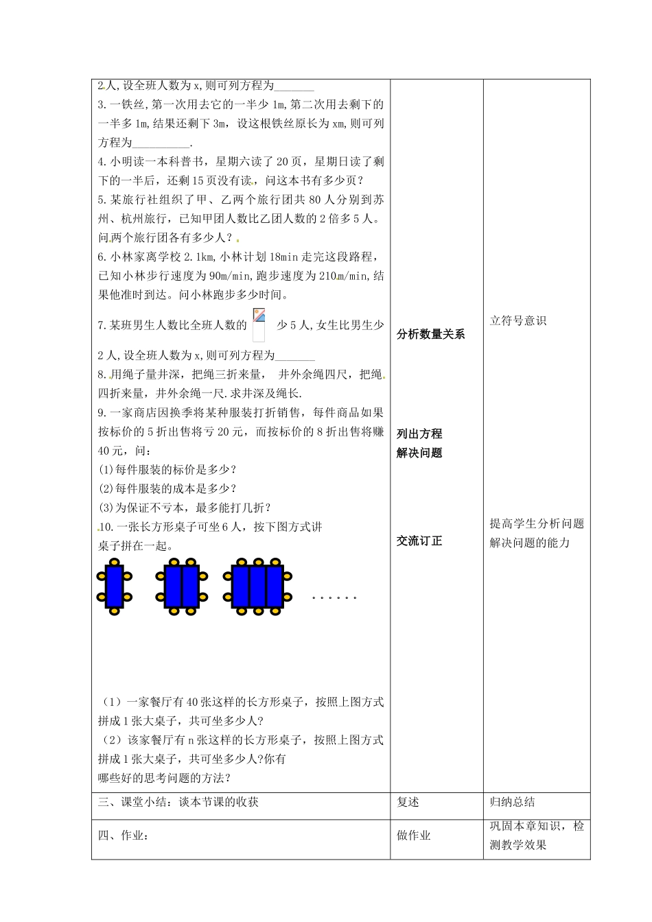江苏省昆山市锦溪中学七年级数学上册 4.4.1 一元一次方程小结与思考教案1 （新版）苏科版_第3页