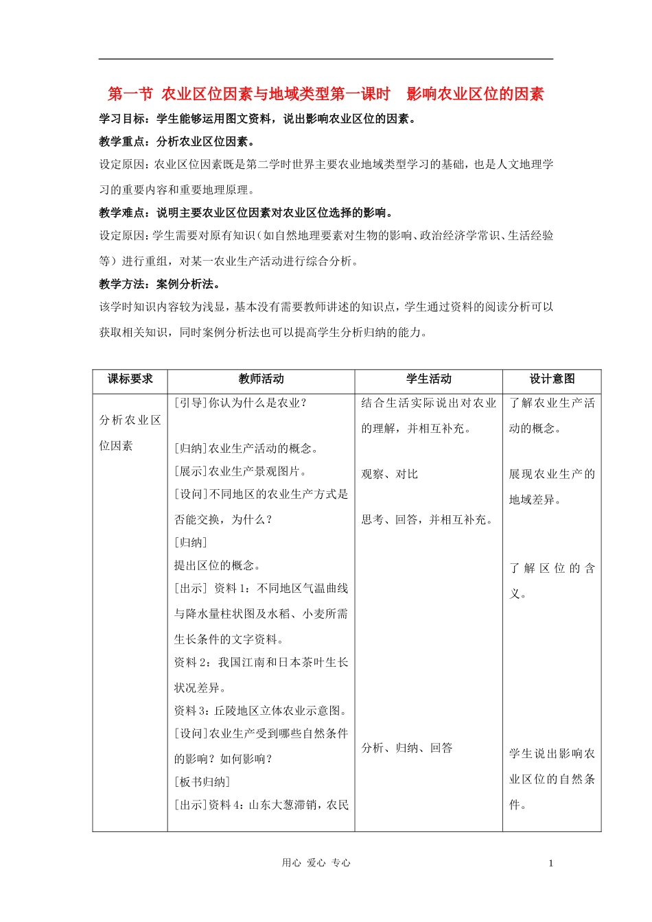高中地理《农业区位因素与地域类型》教案2 中图版必修2_第1页