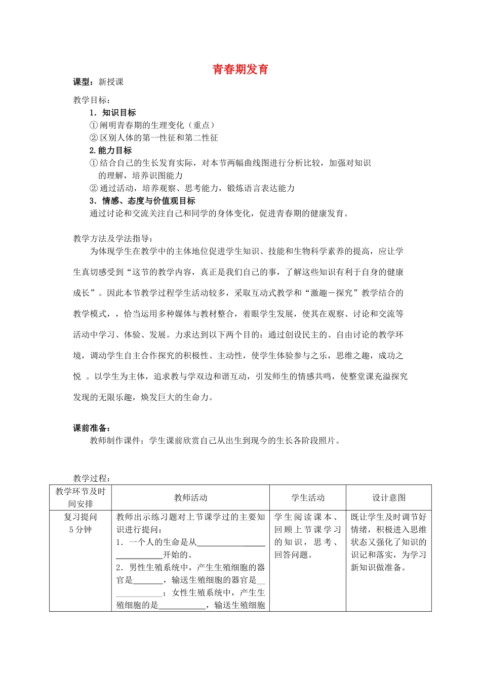 -八年级生物上册 4.3.2 青春期发育优秀教案 （新版）济南版-（新版）济南版初中八年级上册生物教案_第1页