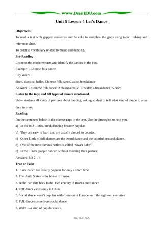 北师版英语必修2 Unit 5 Lesson 4 Let’s Dance 1