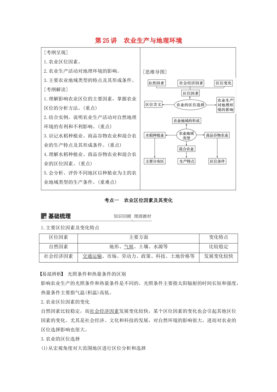 版高考地理新导学大一轮复习 第二册 第三单元 产业活动与地理环境 第25讲 农业生产与地理环境讲义（含解析）鲁教版-鲁教版高三第二册地理教案_第1页