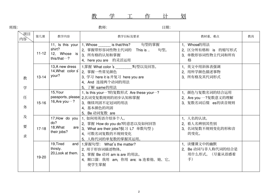 (完整版)新概念英语第一册教学计划_第2页