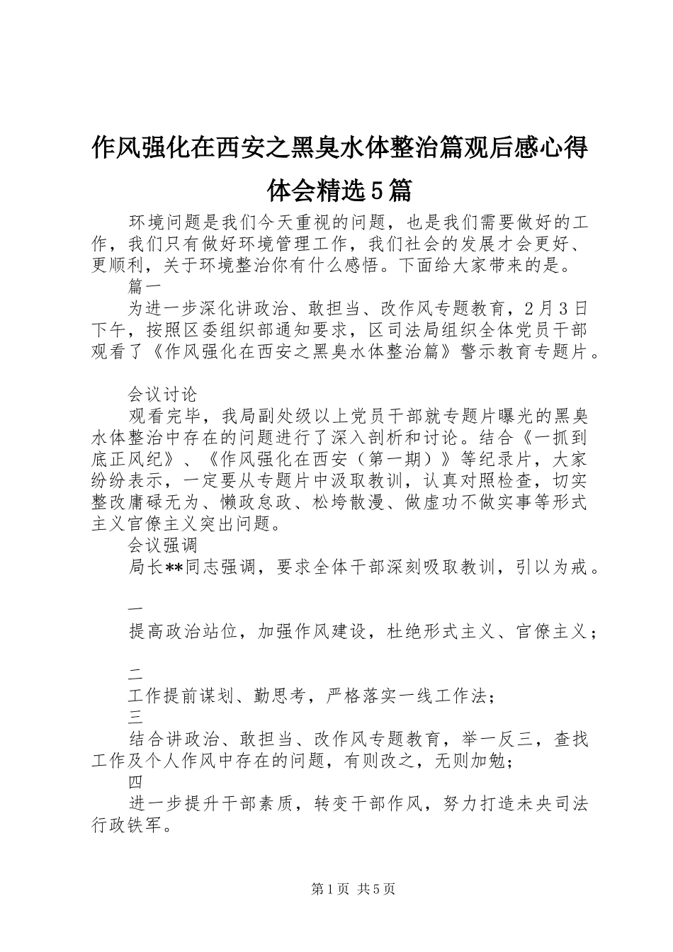 作风强化在西安之黑臭水体整治篇观后感心得体会精选5篇_第1页