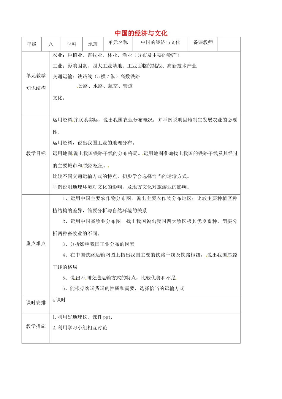 八年级地理上册 第4章 中国的经济与文化教案 （新版）商务星球版-（新版）商务星球版初中八年级上册地理教案_第1页