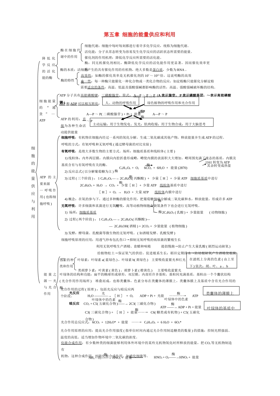 高中生物：第五章 细胞的能量供应和利用复习框架（新人教版必修1）_第1页