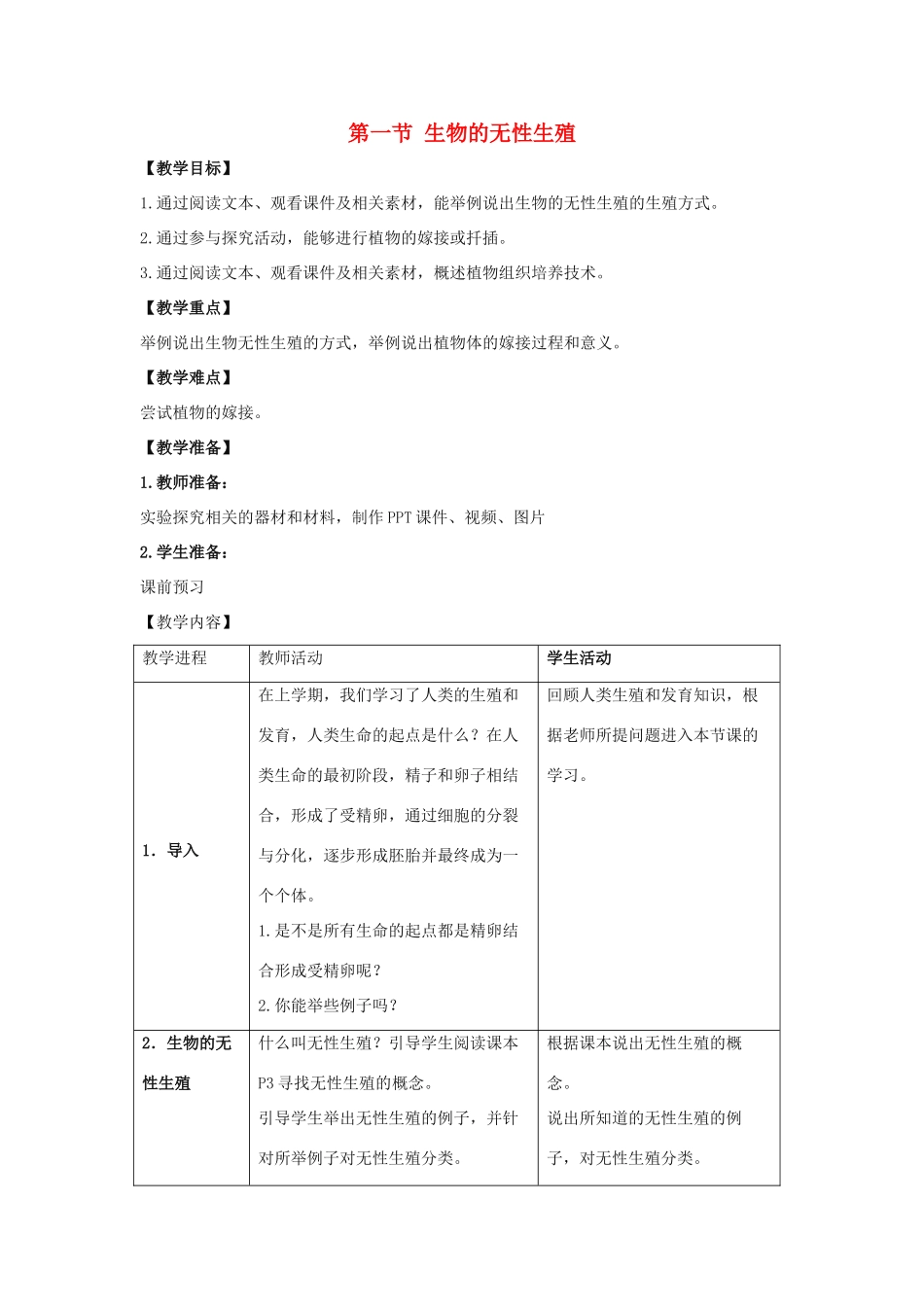 八年级生物下册 第二十一章 第一节《生物的无性生殖》教案 （新版）苏教版_第1页
