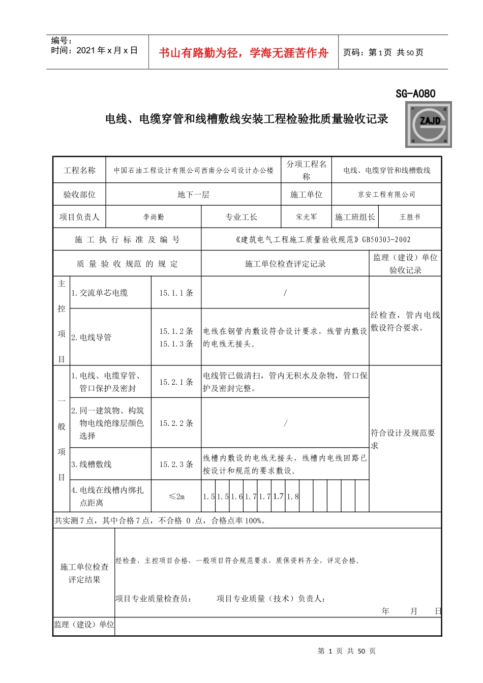 SG-A080电线、电缆穿管和线槽敷线安装工程检验批质量验收记录_第1页