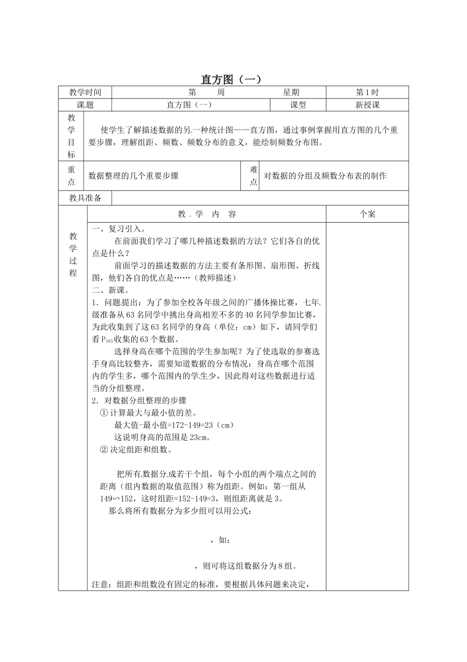 吉林省伊通县实验中学七年级数学下册《10.2 直方图（一）》教案 新人教版_第1页