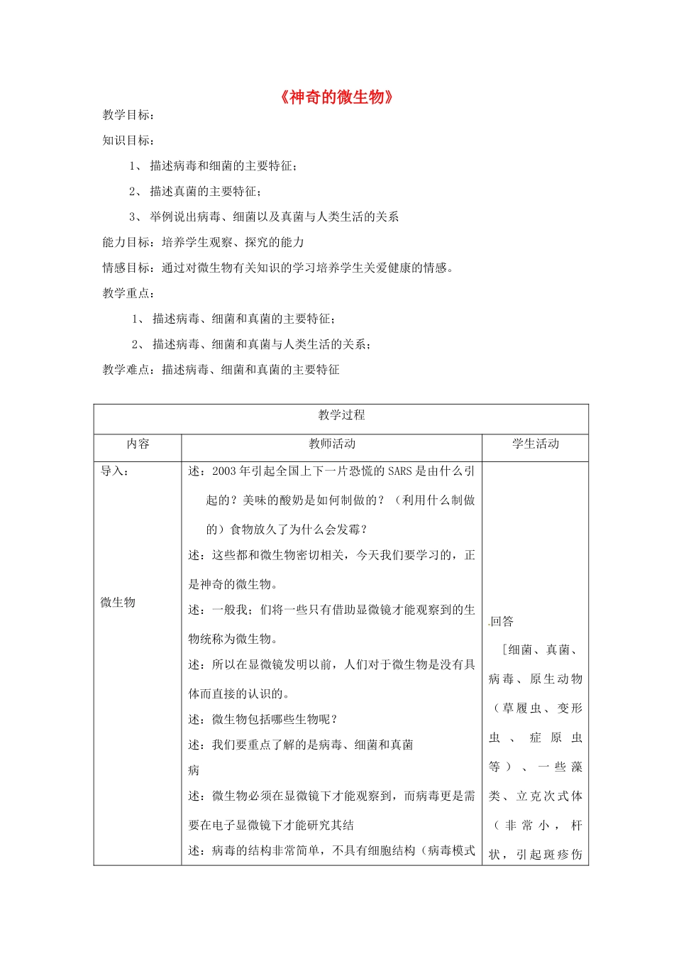 江苏省常州市武进区夏溪初级中学八年级生物上册《神奇的微生物》教案（无答案） 苏教版_第1页