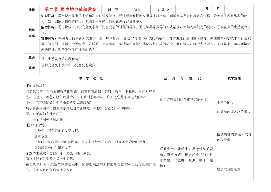 吉林省长春市第一零四中学八年级生物下册 第七单元 第一章 第二节 昆虫的生殖和发育教案 新人教版_第1页