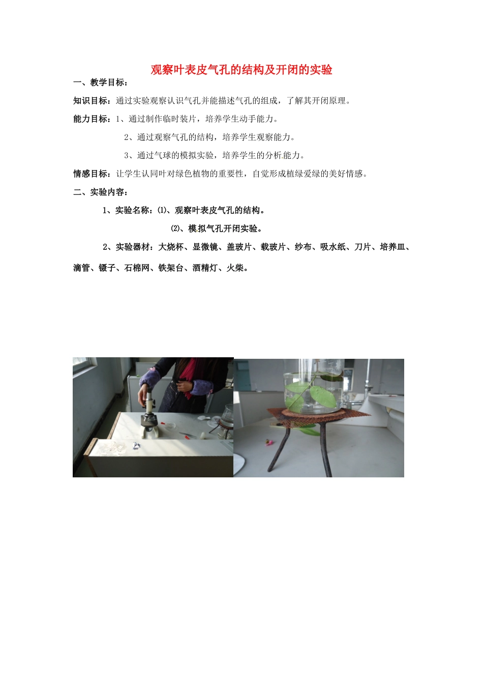 江西省信丰县黄泥中学中考生物实验汇总复习 观察叶表皮气孔的结构及开闭的实验教学设计_第1页