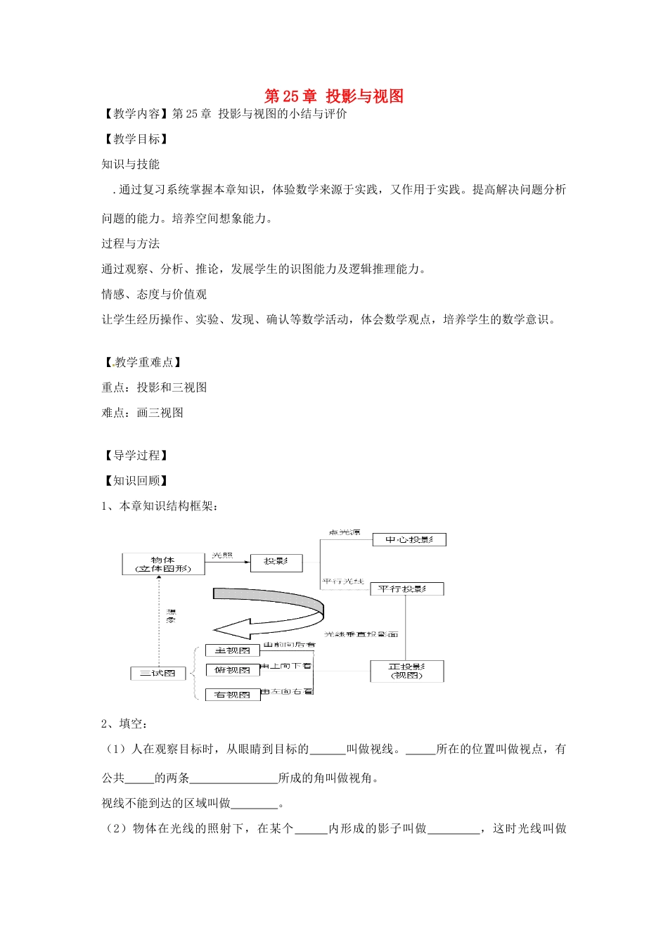 春九年级数学下册 第25章 投影与视图小结与评价教案 沪科版-沪科版初中九年级下册数学教案_第1页