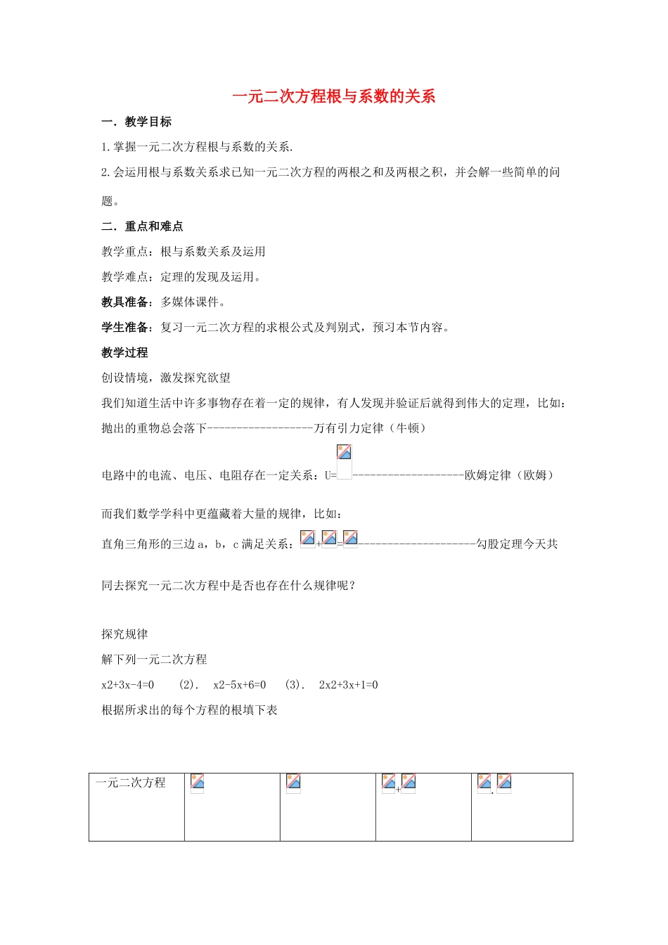 九年级数学上册 第4章 一元二次方程 4.6 一元二次方程根与系数的关系教案1（新版）青岛版-（新版）青岛版初中九年级上册数学教案_第1页