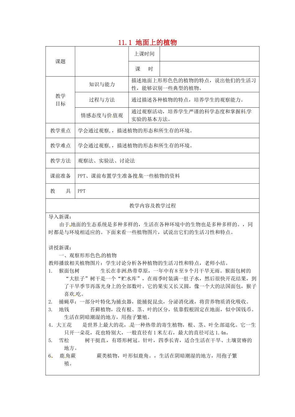 江苏省太仓市第二中学七年级生物下册 11.1 地面上的植物教案3 苏科版_第1页