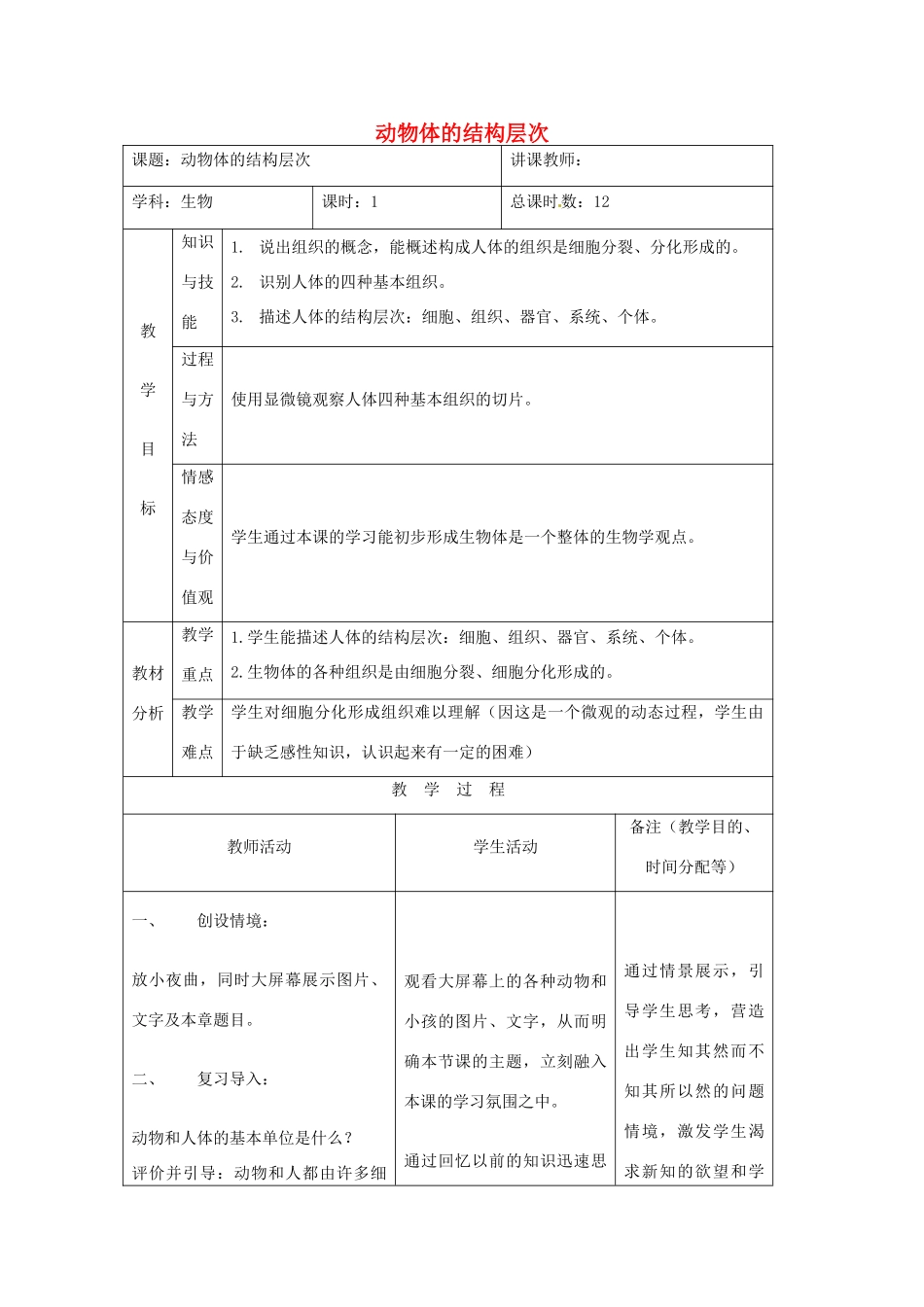 吉林省四平市第十七中学七年级生物上册 动物体的结构层次教案2 新人教版_第1页