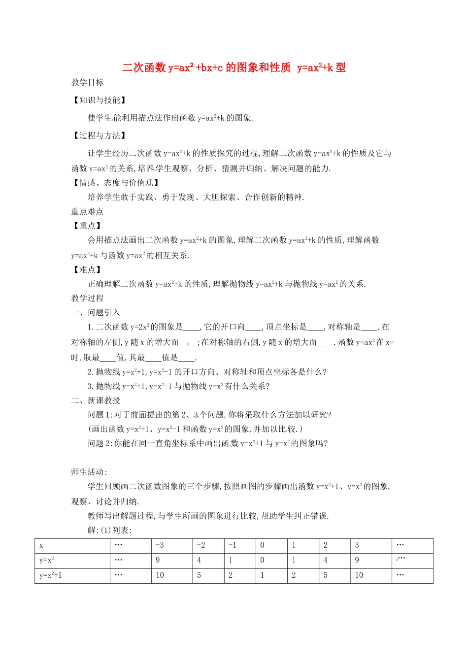 九年级数学上册 21.2.2 二次函数yax2bxc的图像和性质 yax2k型教案 （新版）沪科版-（新版）沪科版初中九年级上册数学教案_第1页