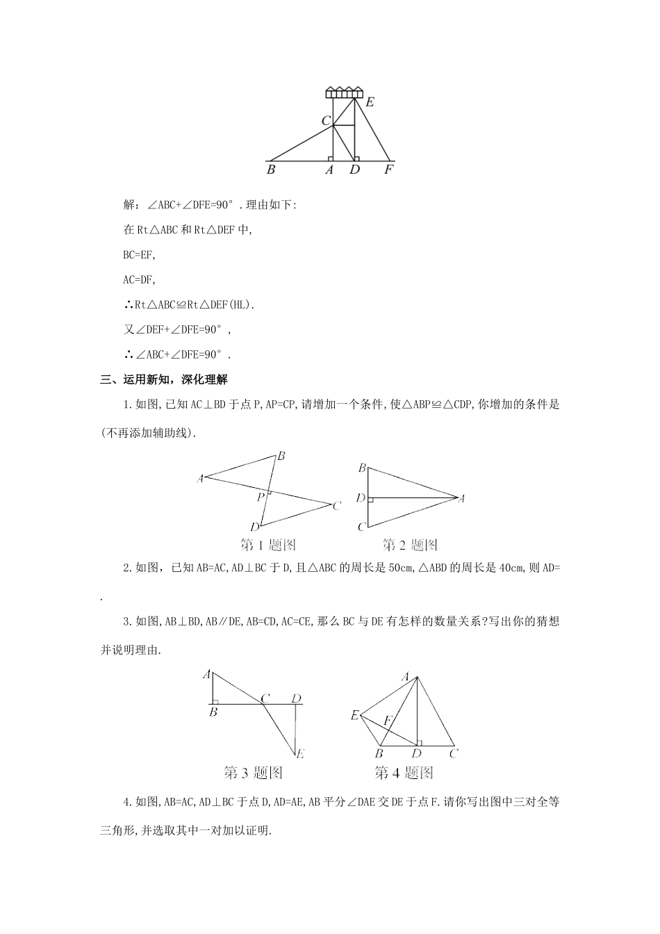 八年级数学上册 第十二章 全等三角形 12.2 三角形全等的判定第4课时 斜边、直角边教案（新版）新人教版-（新版）新人教版初中八年级上册数学教案_第3页