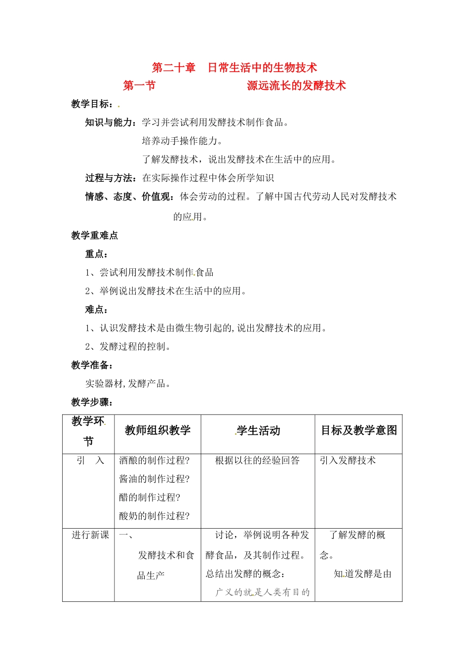 八年级生物下册201 源远流长的发酵技术（教案）苏教版_第1页