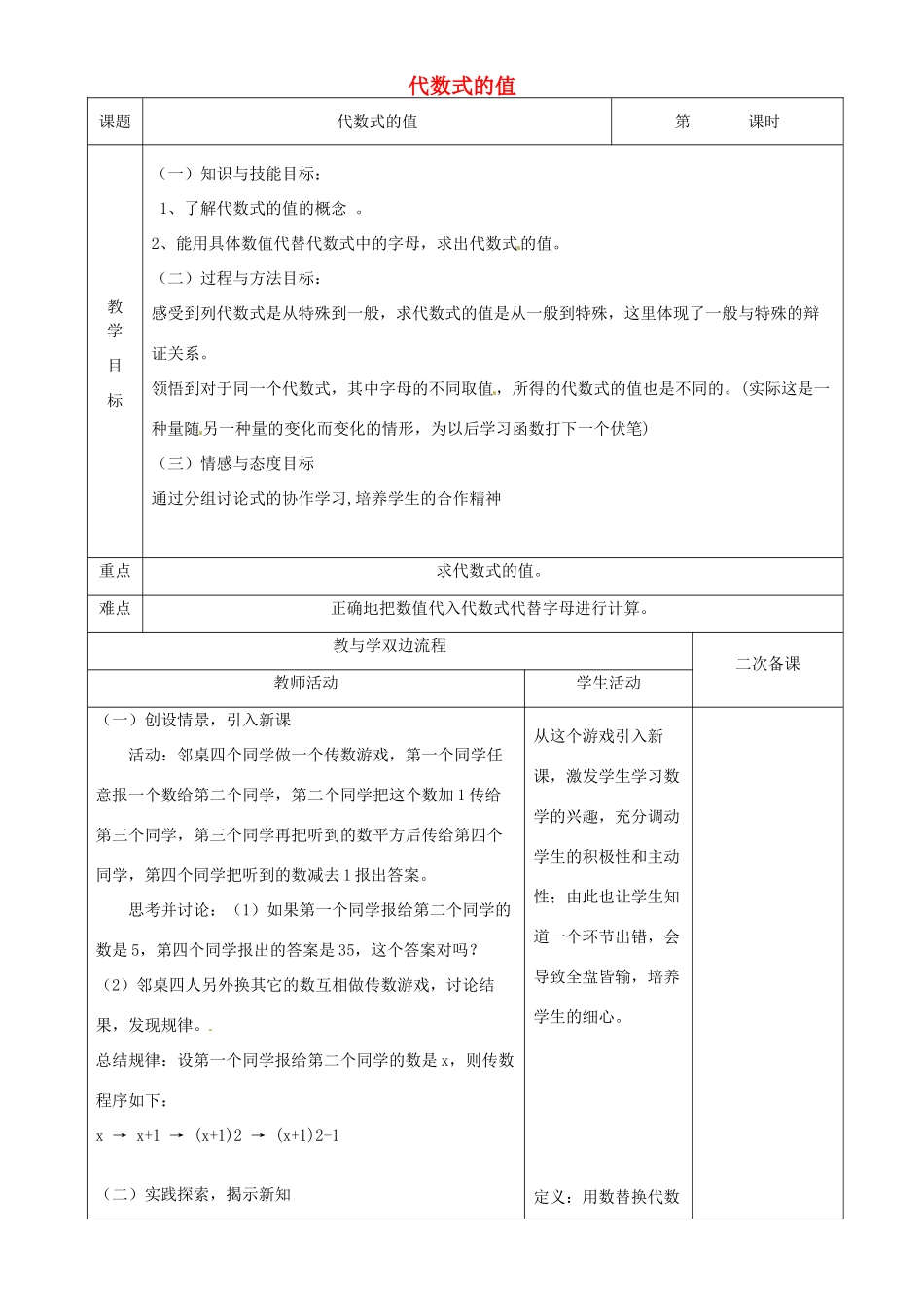 江苏省常州市潞城中学七年级数学上册 代数式的值教案 （新版）苏科版_第1页