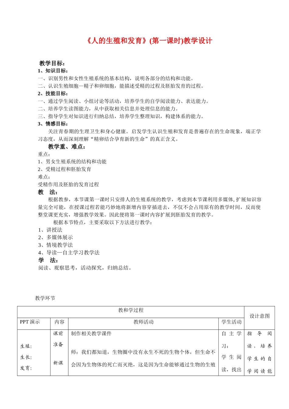 八年级生物《人的生殖和发育》教学设计北师大_第1页