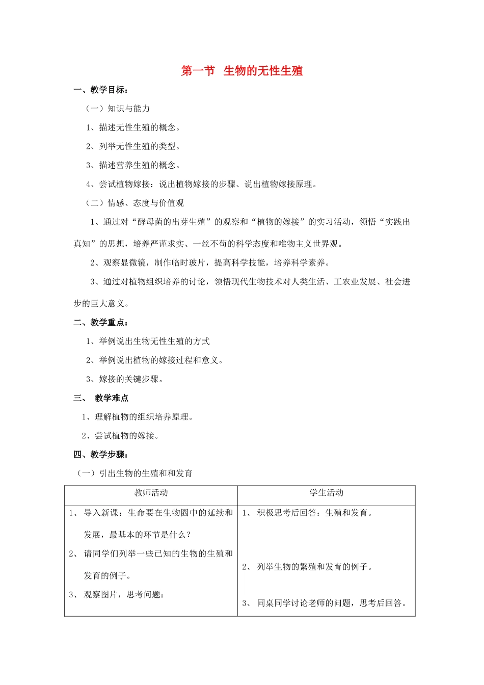 八年级生物下册 第八单元 生物的生殖、发育与遗传 第二十一章 生物的生殖与发育 第一节 生物的无性生殖教案2（新版）苏教版-（新版）苏教版初中八年级下册生物教案_第1页