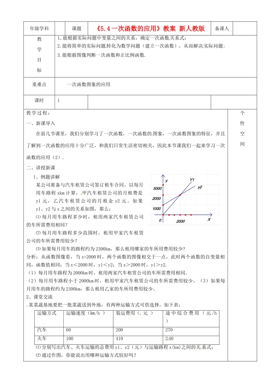 江苏省沭阳银河学校八年级数学上册《5.4一次函数的应用》教案 新人教版_第1页