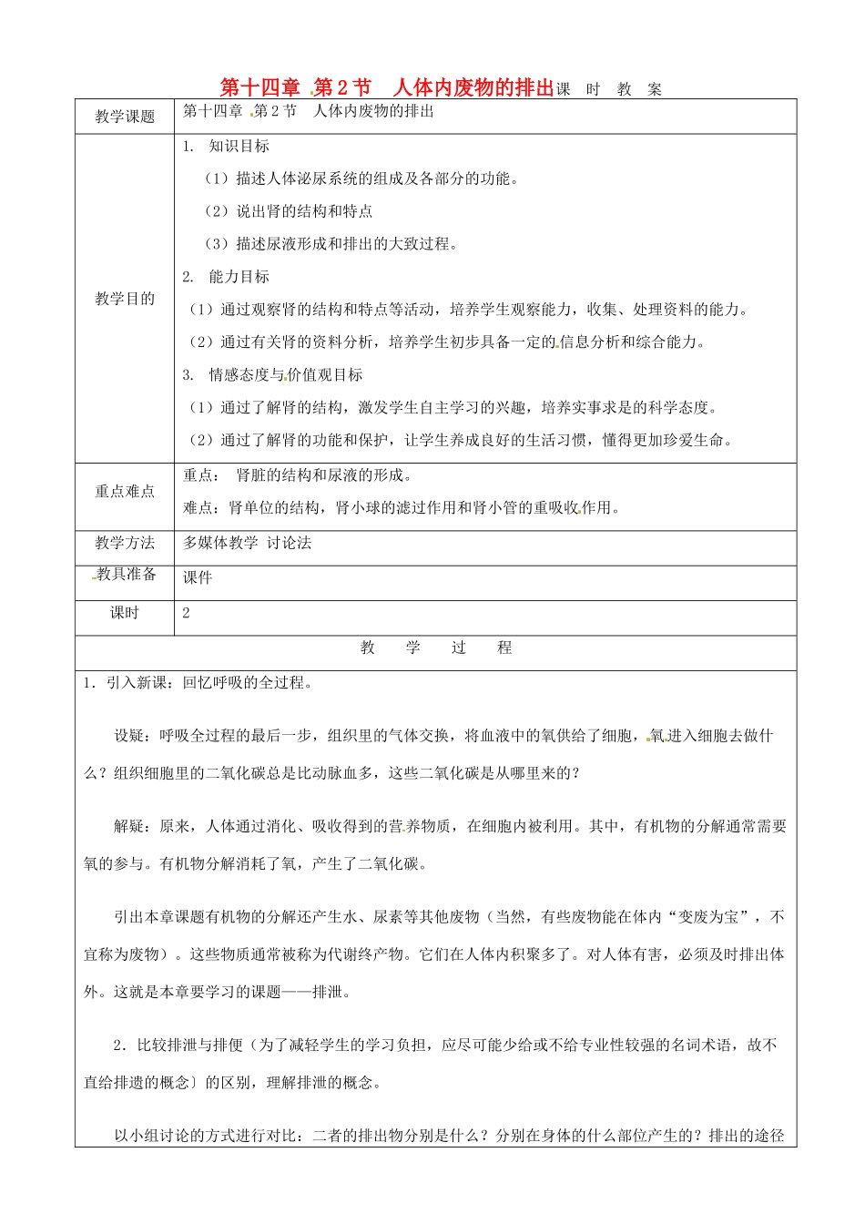 江苏省苏州市第26中学八年级生物 14.2《人体内废物的排出》教案2_第1页