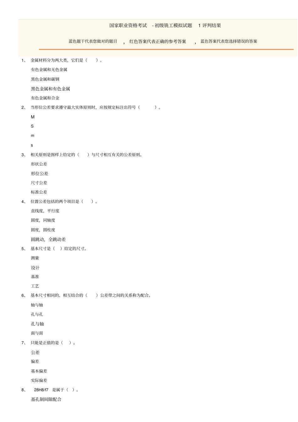 (完整版)国家职业资格考试-初级铣工模拟试题1(有答案)_第1页