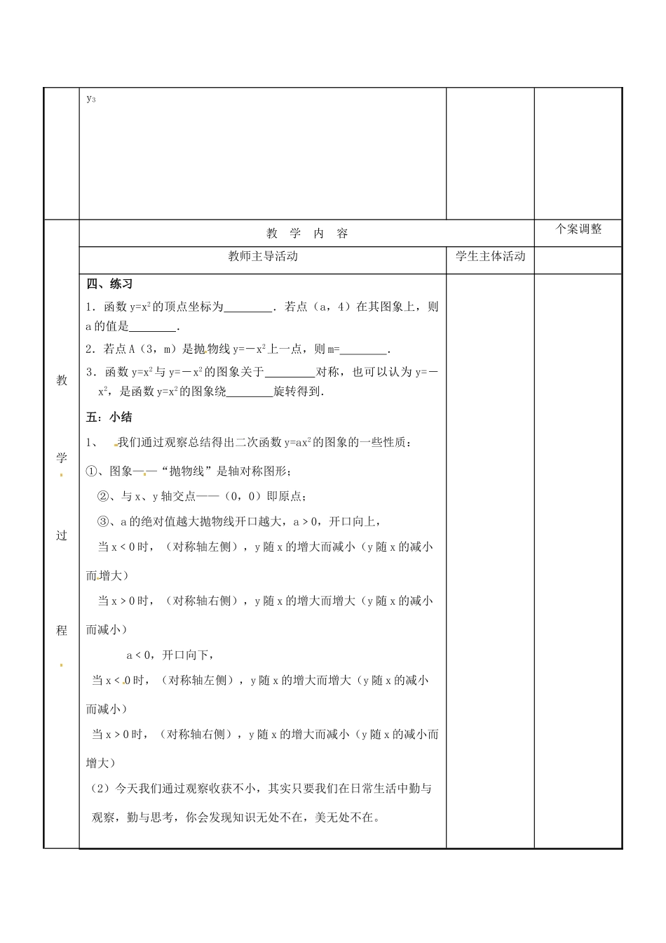 江苏省新沂市第二中学九年级数学下册 6.2 二次函数的图象和性质教案（1） 苏科版_第2页