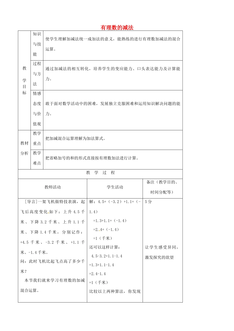 江苏省无锡市七年级数学上册 1.3.2 有理数的减法教案3 新人教版_第1页