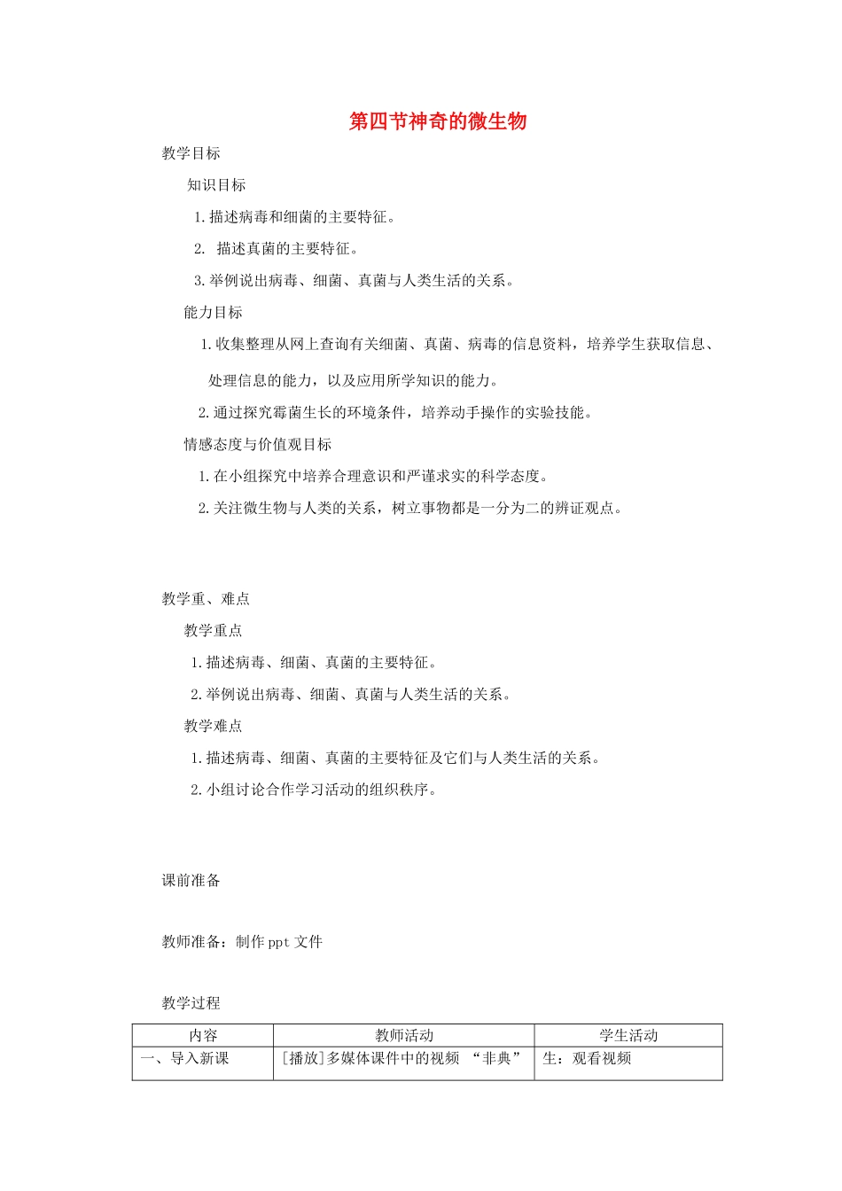 八年级生物下册 第9单元 生物的多样性 第四节 神奇的微生物名师教案1 苏教版_第1页