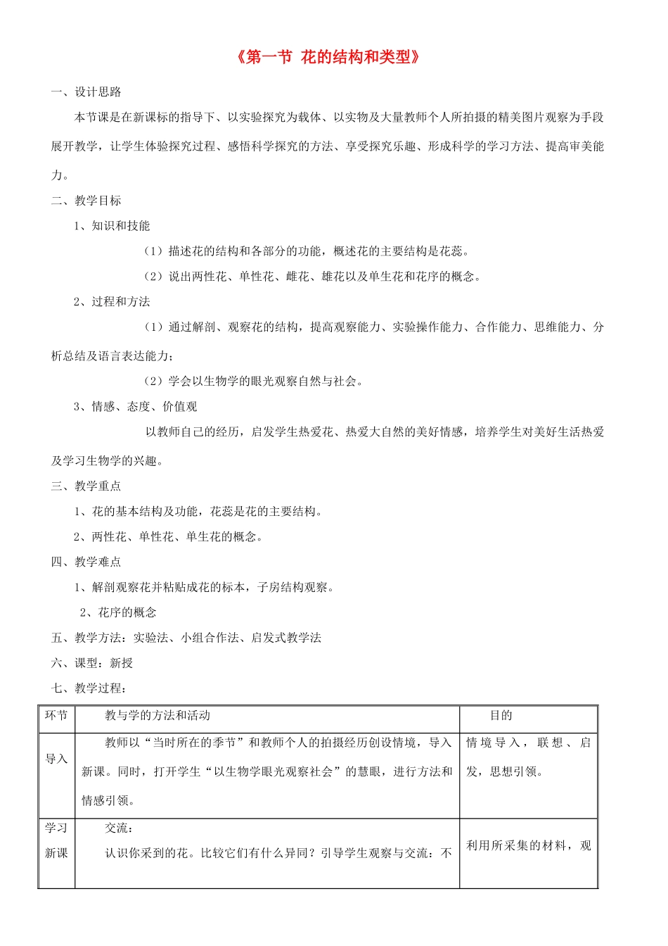八年级生物上册 第四单元 第一章 第一节 花的结构和类型教案 （新版）济南版-（新版）济南版初中八年级上册生物教案_第1页