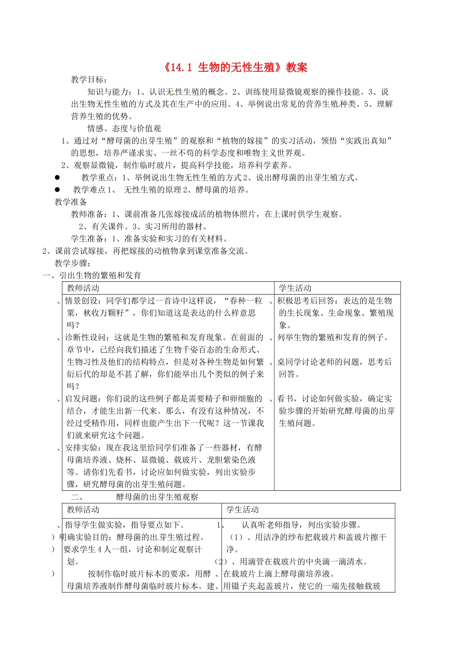 江苏省东台市唐洋镇中学八年级生物上册《14.1 生物的无性生殖》教案1 苏教版_第1页