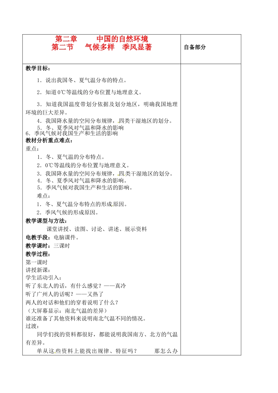 江苏省丹阳市华南实验学校八年级地理上册《气候多样 季风显著》教案 新人教版_第1页