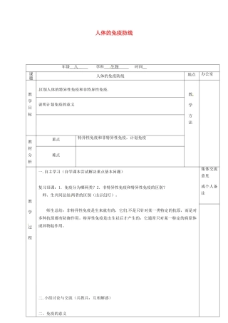 江苏省镇江市八年级生物下册 第24章 第1节 人体的免疫防线教案2 （新版）苏科版-（新版）苏科版初中八年级下册生物教案