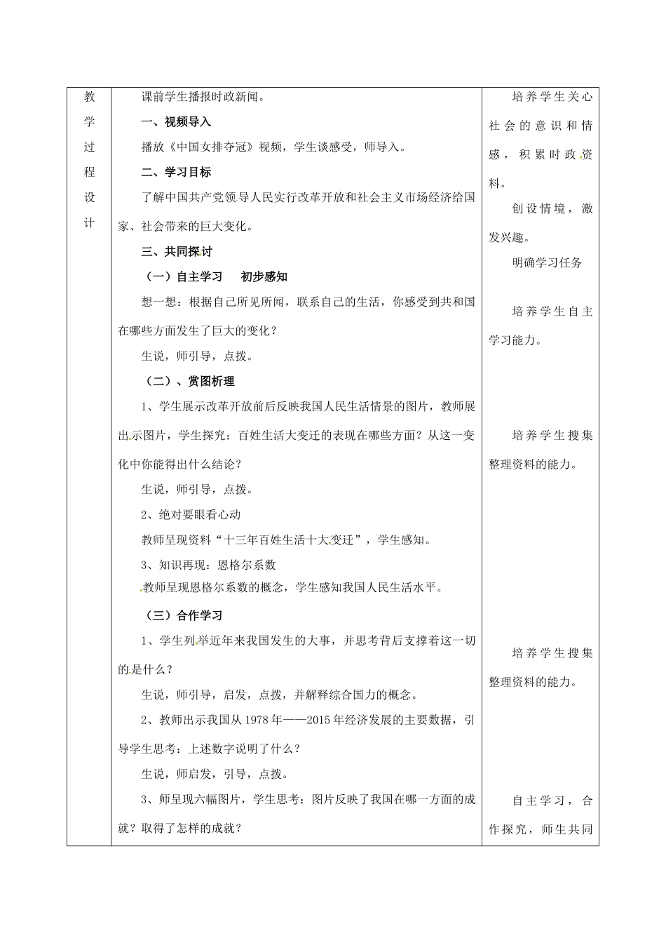 陕西省石泉县九年级政治全册 第二单元 五星红旗我为你骄傲 第3课 腾飞的东方巨龙 第1框 感受共和国巨变教学设计 鲁教版-鲁教版初中九年级全册政治教案_第3页