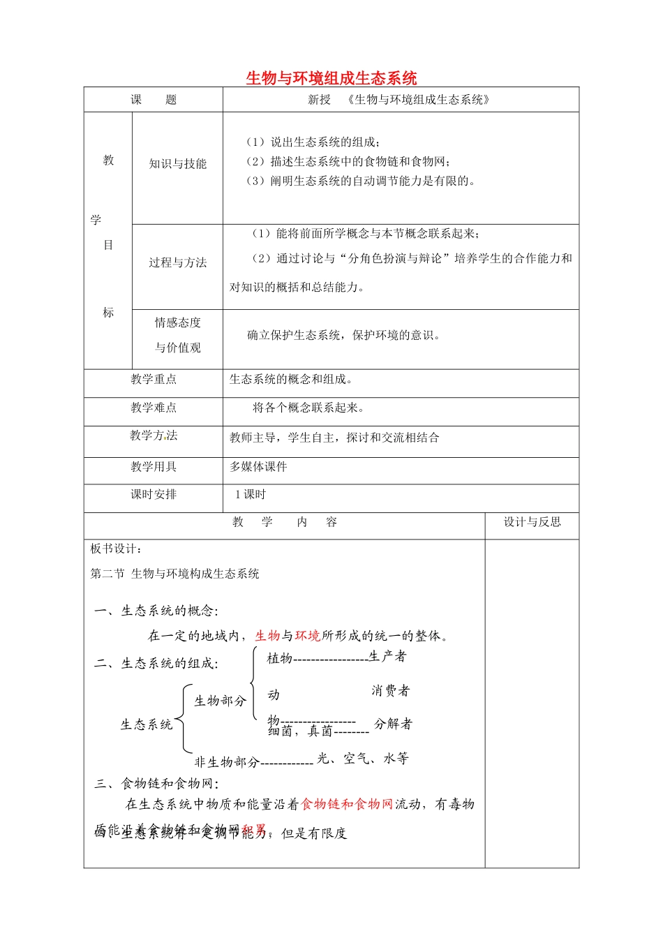 福建省厦门市集美区灌口中学七年级生物上册 生物与环境组成生态系统教案 （新版）新人教版_第1页