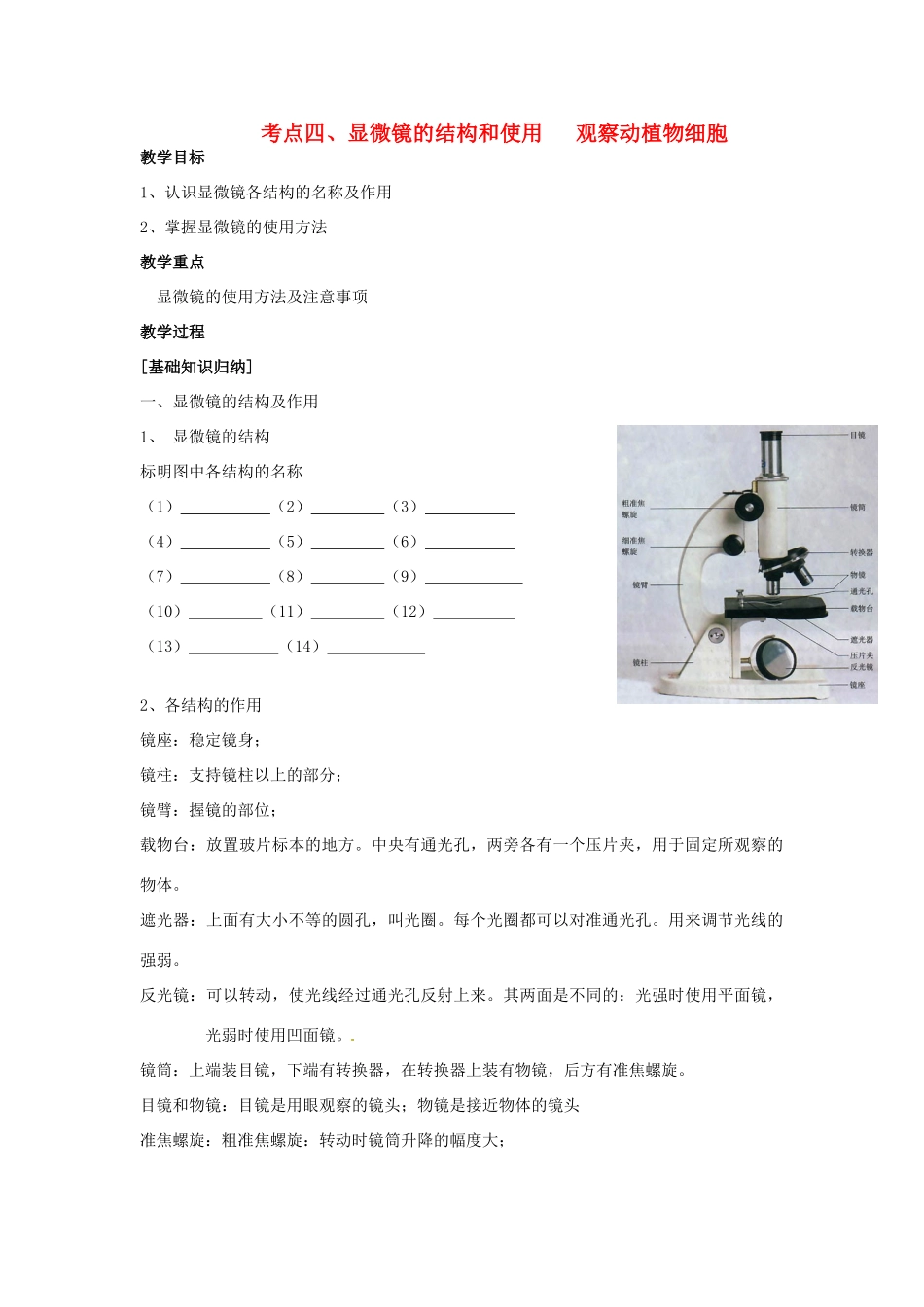 湖北省襄阳市第四十七中学九年级生物 考点四 显微镜的结构和使用 观察动植物细胞教学案_第1页