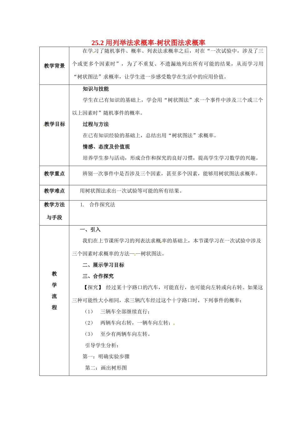 九年级数学上册 25.2 用列举法求概率-树状图法求概率教学设计 （新版）新人教版-（新版）新人教版初中九年级上册数学教案_第1页