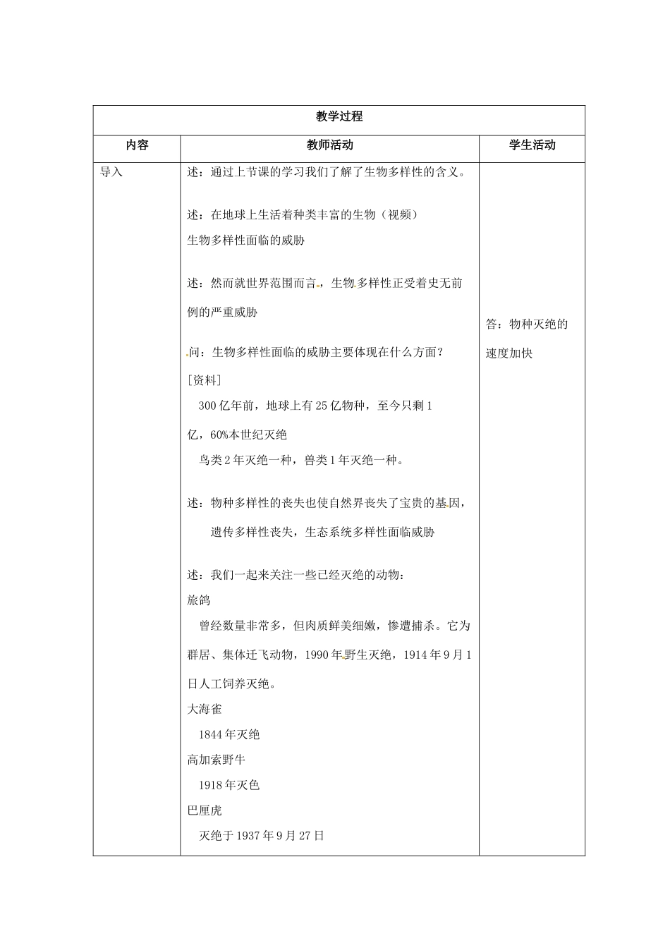 江苏省东台市唐洋镇中学八年级生物上册《23.2 保护生物多样性的艰巨使用》教案 苏教版_第3页