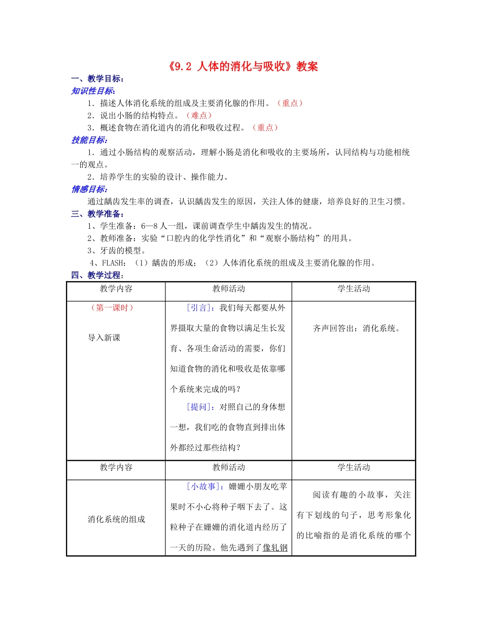 江苏省东台市唐洋镇中学七年级生物下册《9.2 人体的消化与吸收》教案 苏教版_第1页