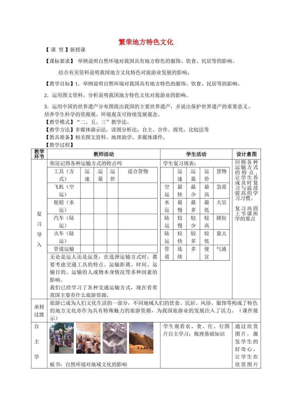 八年级地理上册 第4章 第4节 繁荣地方特色文化教案 （新版）商务星球版-（新版）商务星球版初中八年级上册地理教案_第1页