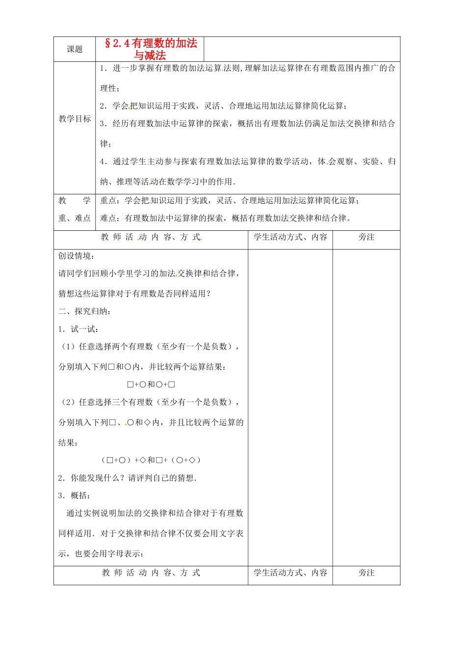 江苏省苏州市蓝缨学校七年级数学上册 2.4《有理数的加法与减法》教案 苏教版_第1页