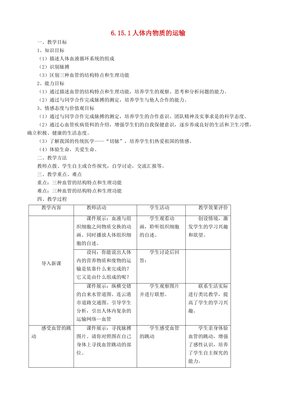 八年级生物上册 6.15.1人体内物质的运输第1课时教案 （新版）苏科版-（新版）苏科版初中八年级上册生物教案_第1页