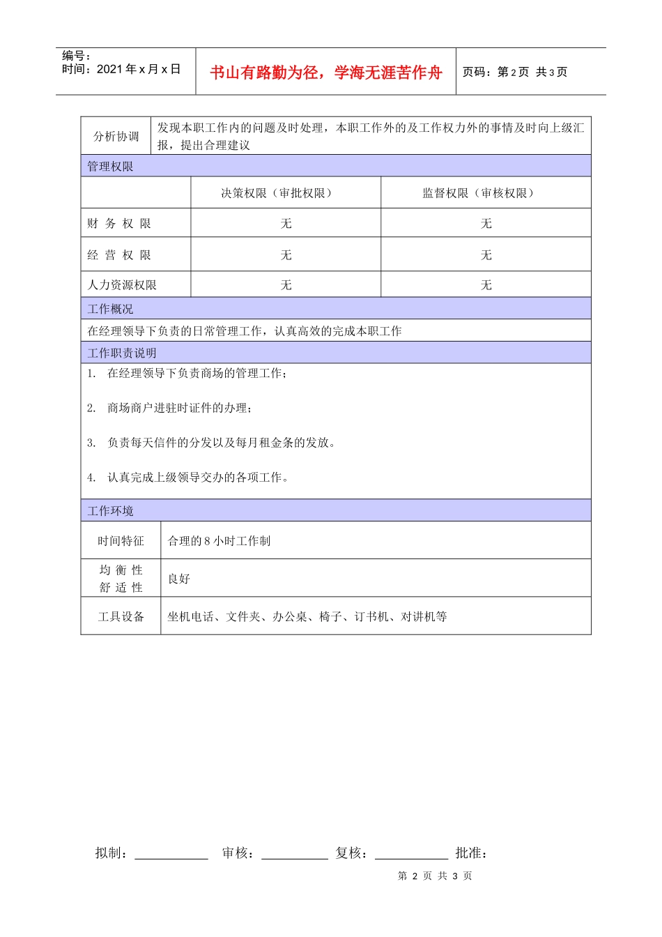 XX商场物业管理员职位说明书_第2页
