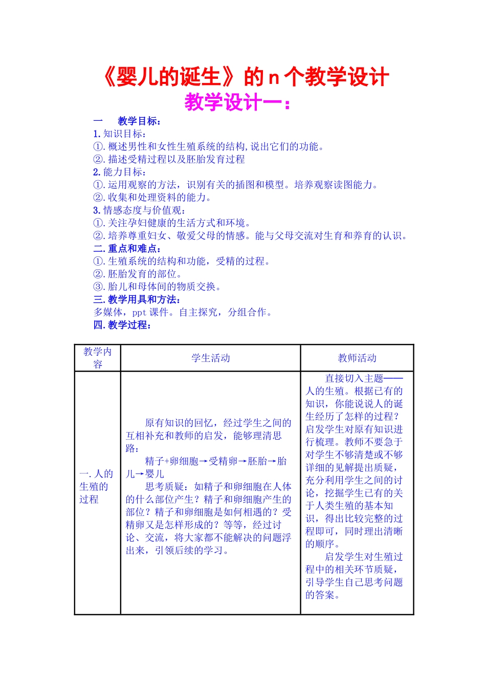 八年级生物上册 《婴儿的诞生》的n个教学设计 济南版_第1页